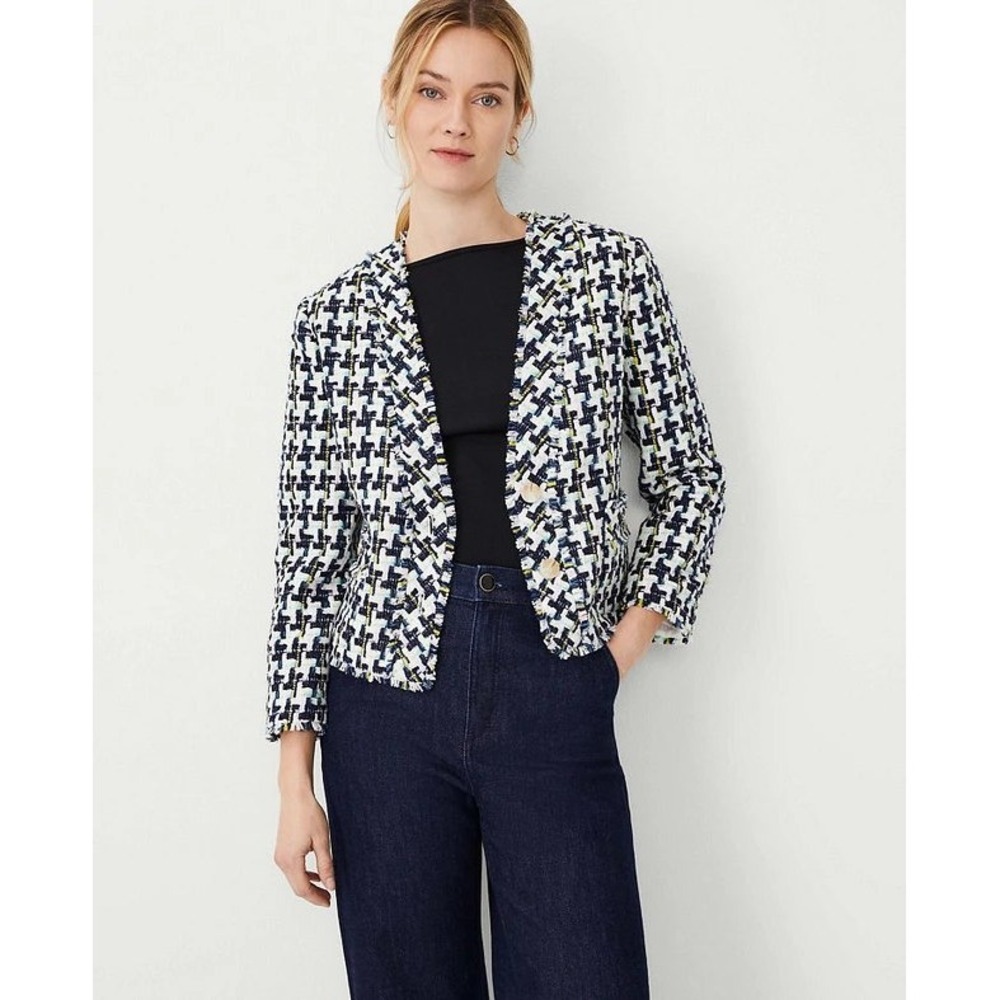 Ann Taylor Tweed Cropped Jacket‎ 6P Blue Ivory Fringe Houndstooth Blazer 2024